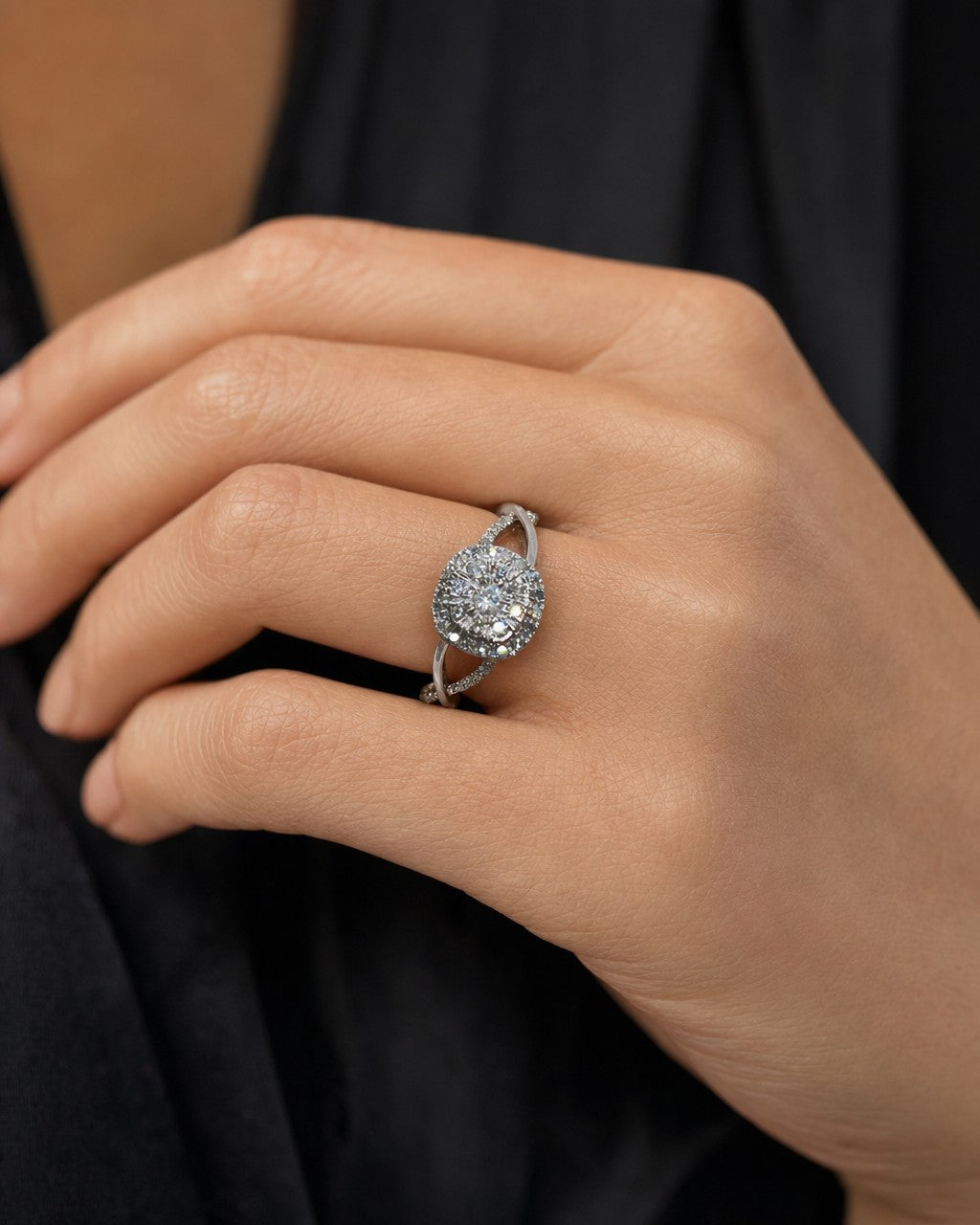 Female model wearing 14K Diamond Spiral Engagement Ring