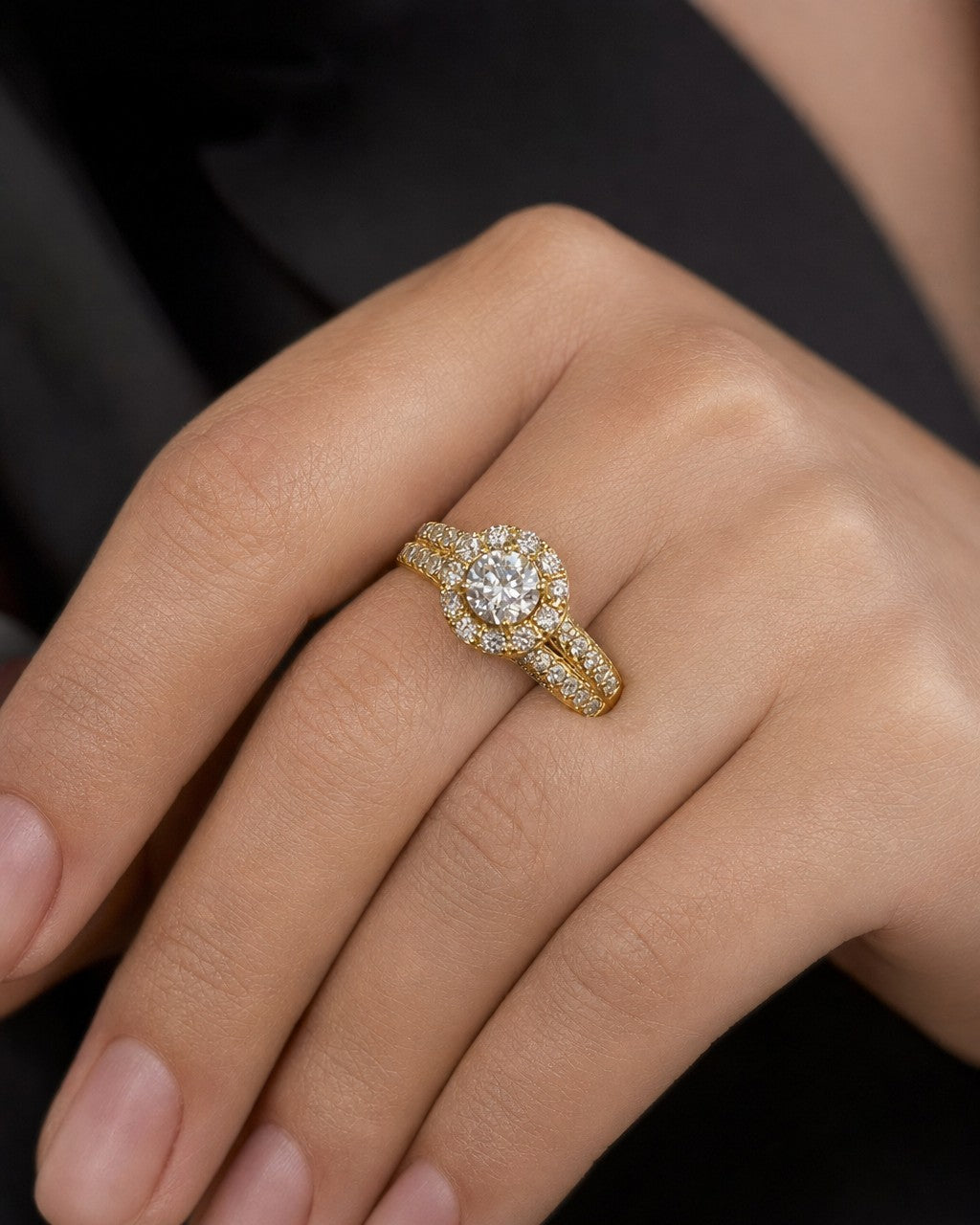 Female model wearing 14K Large Stone Diamond Engagement Ring