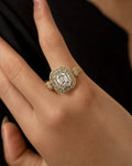 Female model wearing 14K Rectangle Diamond Baguette Engagement Ring