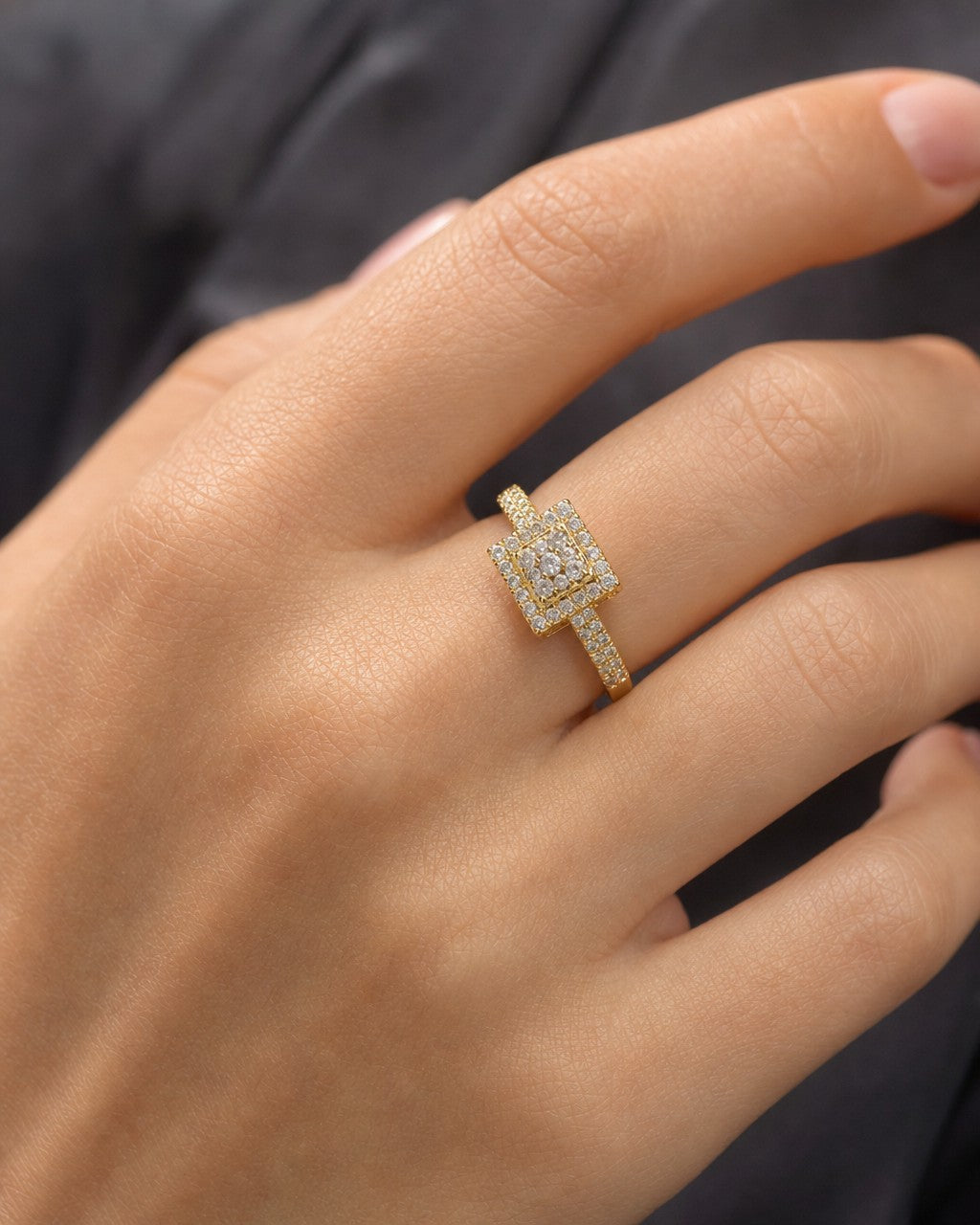 Female model wearing 14K 3D Square Diamond Engagement Ring
