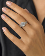 Female model wearing 14K Large Circle Stone Diamond Engagement Ring
