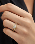 Female model wearing 14K Square Flower Diamond Engagement Ring
