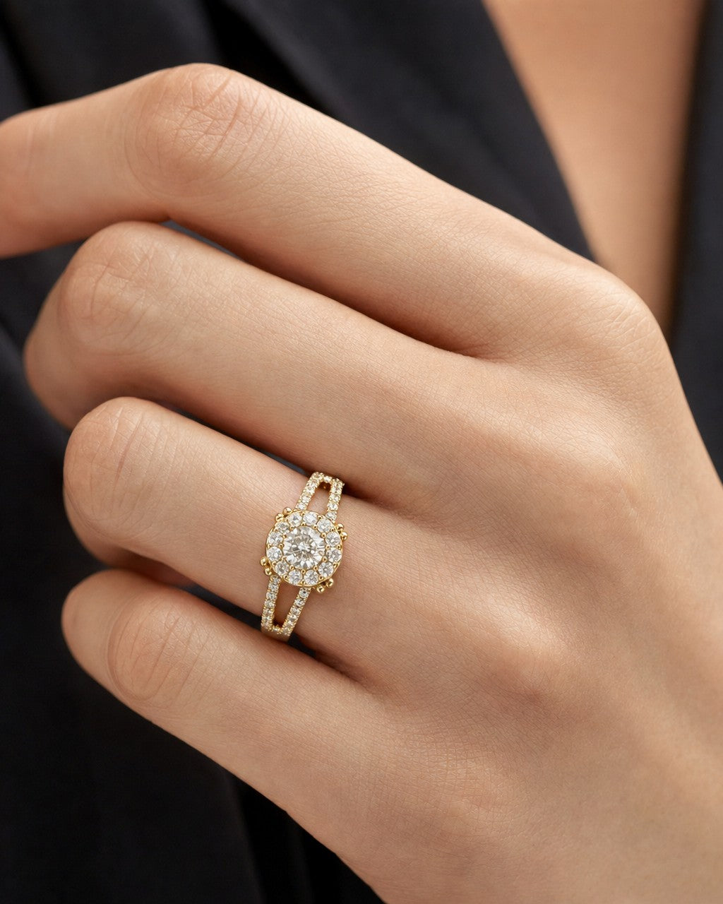 Female model wearing 14K Square Flower Diamond Engagement Ring