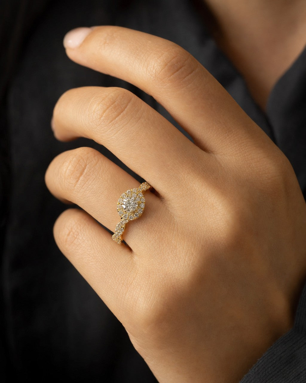 Female model wearing 14K Large Center Stone Spiral Diamond Engagement Ring