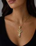 Female model wearing 14K Baby Jesus Pendant 1.5"
