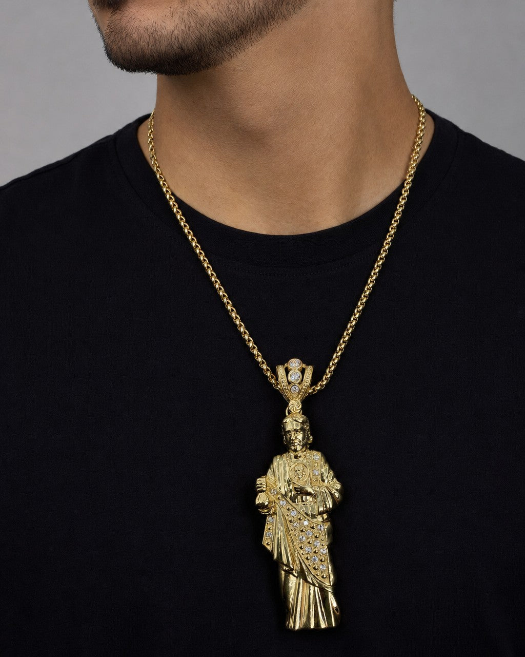 Male model wearing 14K Saint Jude Pendant