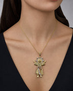 Female model wearing 14K Baby Jesus Pendant 2.75"