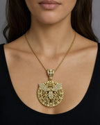Female model wearing 14K Baby Angel Round Medallion Pendant