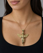 Female model wearing 14K Baby Angel Pendant 2.5"