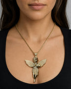 Female model wearing 14K Baby Angel Pendant 3.0"