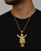 Male model wearing 14K Jesus With Halo Pendant 2.2"