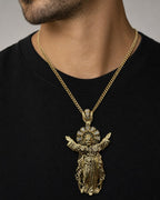Male model wearing 14K Jesus With Halo Pendant 3.25"