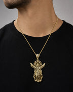 Male model wearing 14K Jesus With Halo Pendant 2.25"