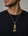 Male model wearing 14K Virgin Mary Pendant