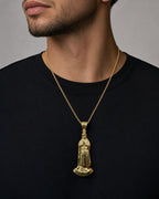 Male model wearing 14K Virgin Mary Pendant