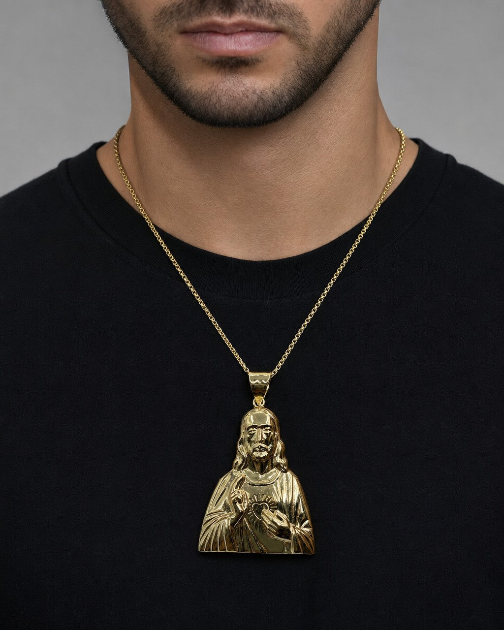 Male model wearing 14K Jesus Love Pendant