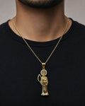 Male model wearing 14K Santa Muerte Grim Reaper Pendant