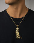 Male model wearing 14K Saint Lazarus Pendant 2.0"