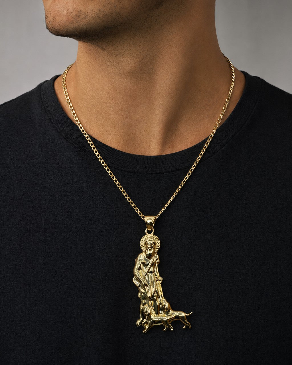Male model wearing 14K Saint Lazarus Pendant 2.0"