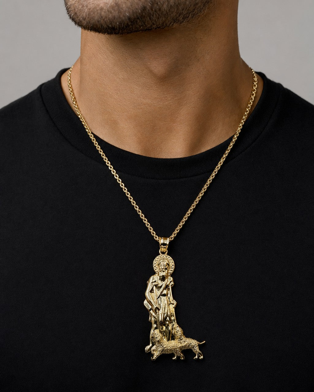 Male model wearing 14K Saint Lazarus Pendant 2.5"