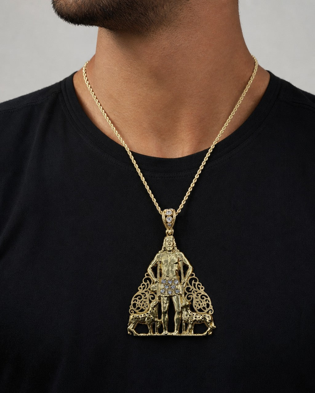 Male model wearing 14K Saint Lazarus Pendant