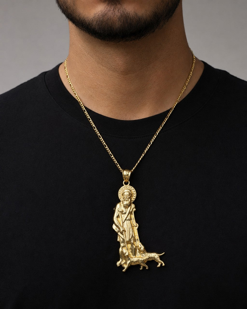 Male model wearing 14K Saint Lazarus Pendant 3.0"