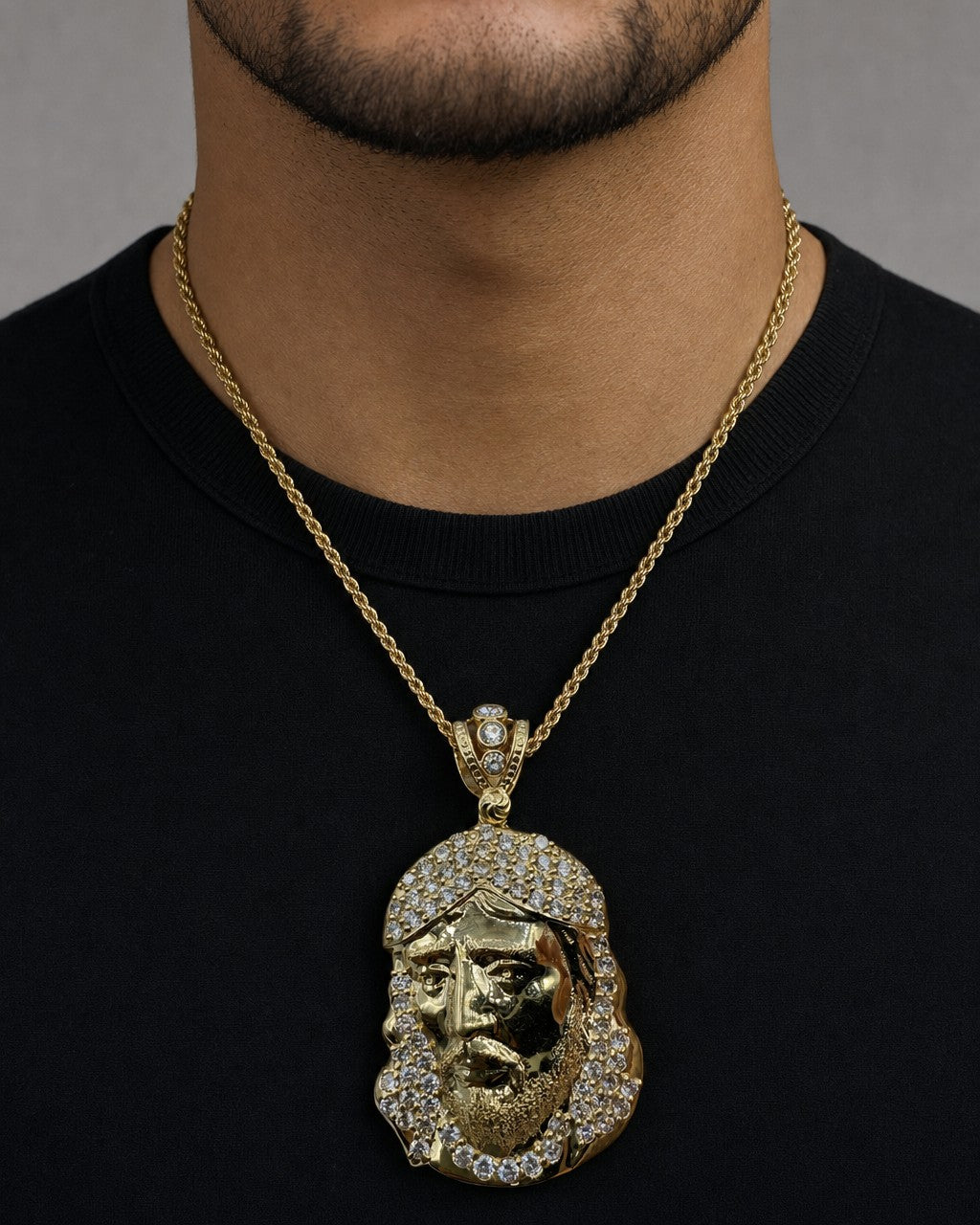 Male model wearing 14K Jesus Head Pendant 2.2"