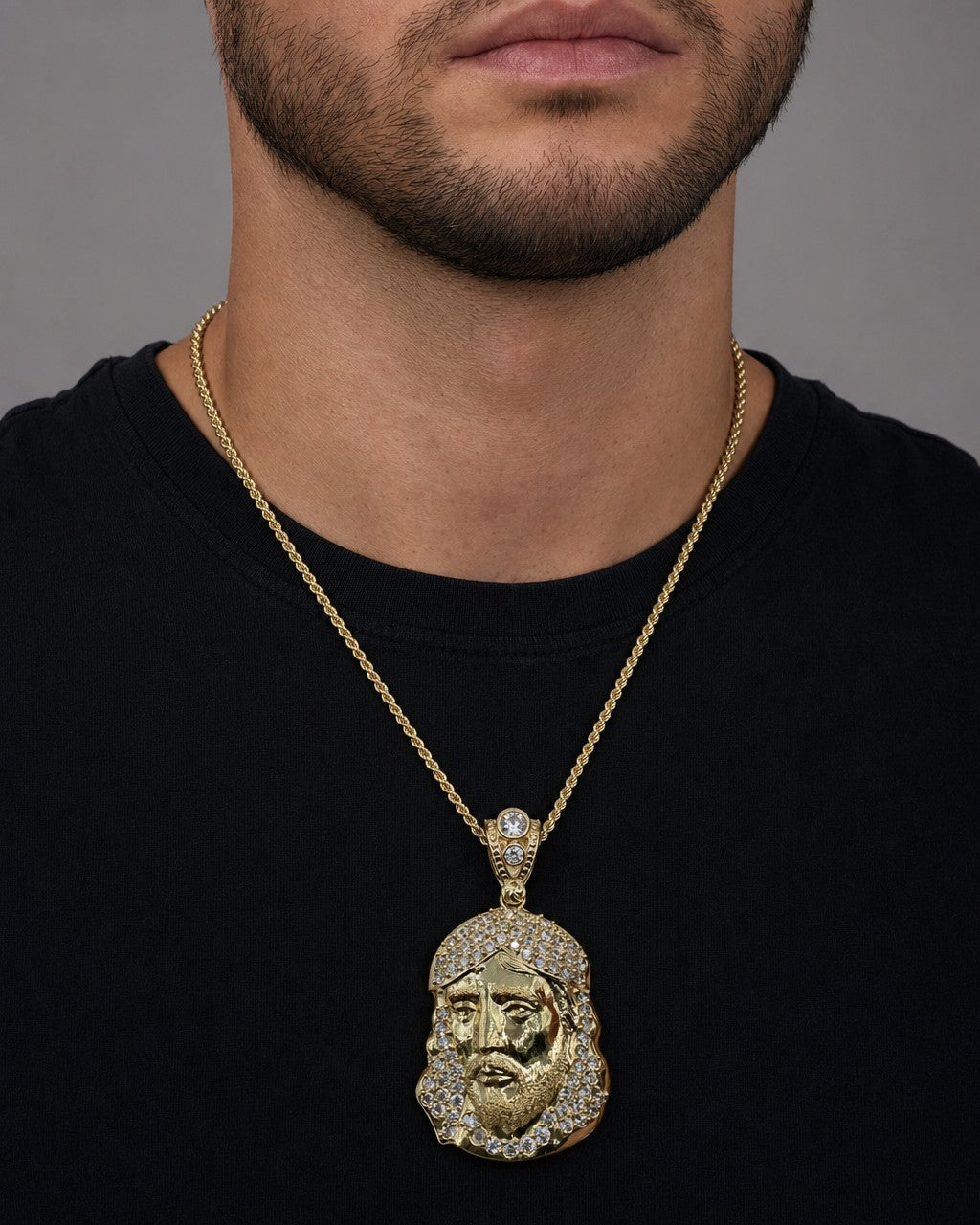 Male model wearing 14K Jesus Head Pendant 1.9"