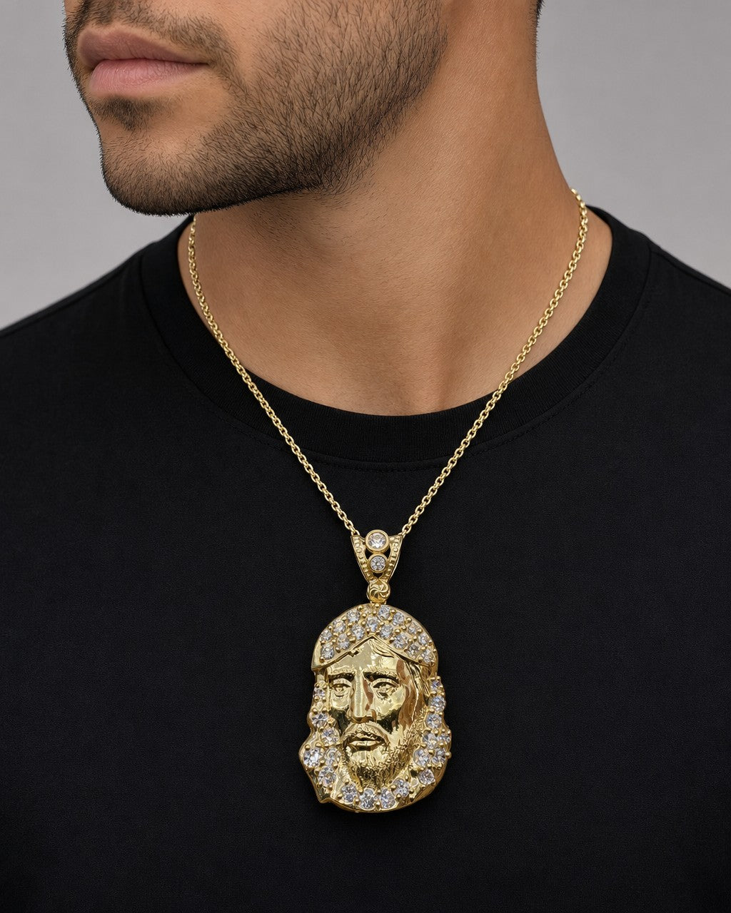 Male model wearing 14K Jesus Head Pendant 1.5"