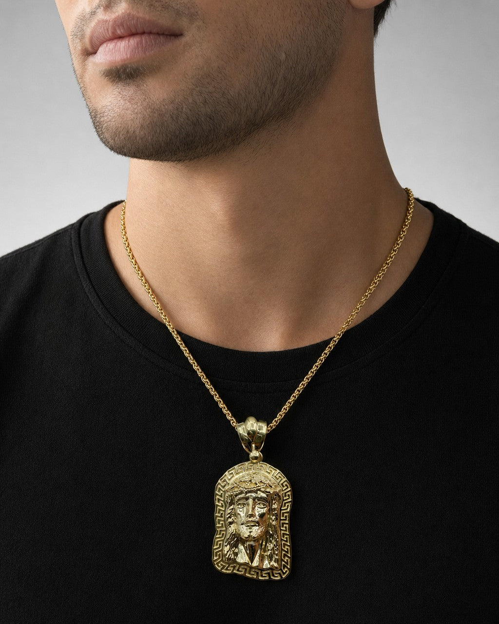 Male model wearing 14K Jesus Head Medallion Pendant 1.75"