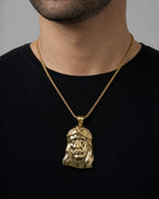 Male model wearing 14K Jesus Head Pendant 2.75"