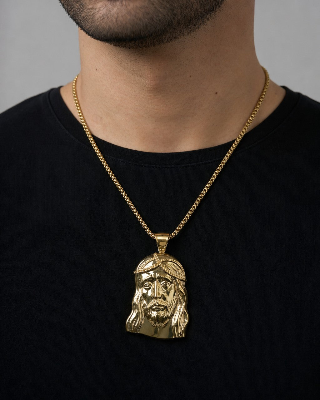 Male model wearing 14K Jesus Head Pendant 2.75"