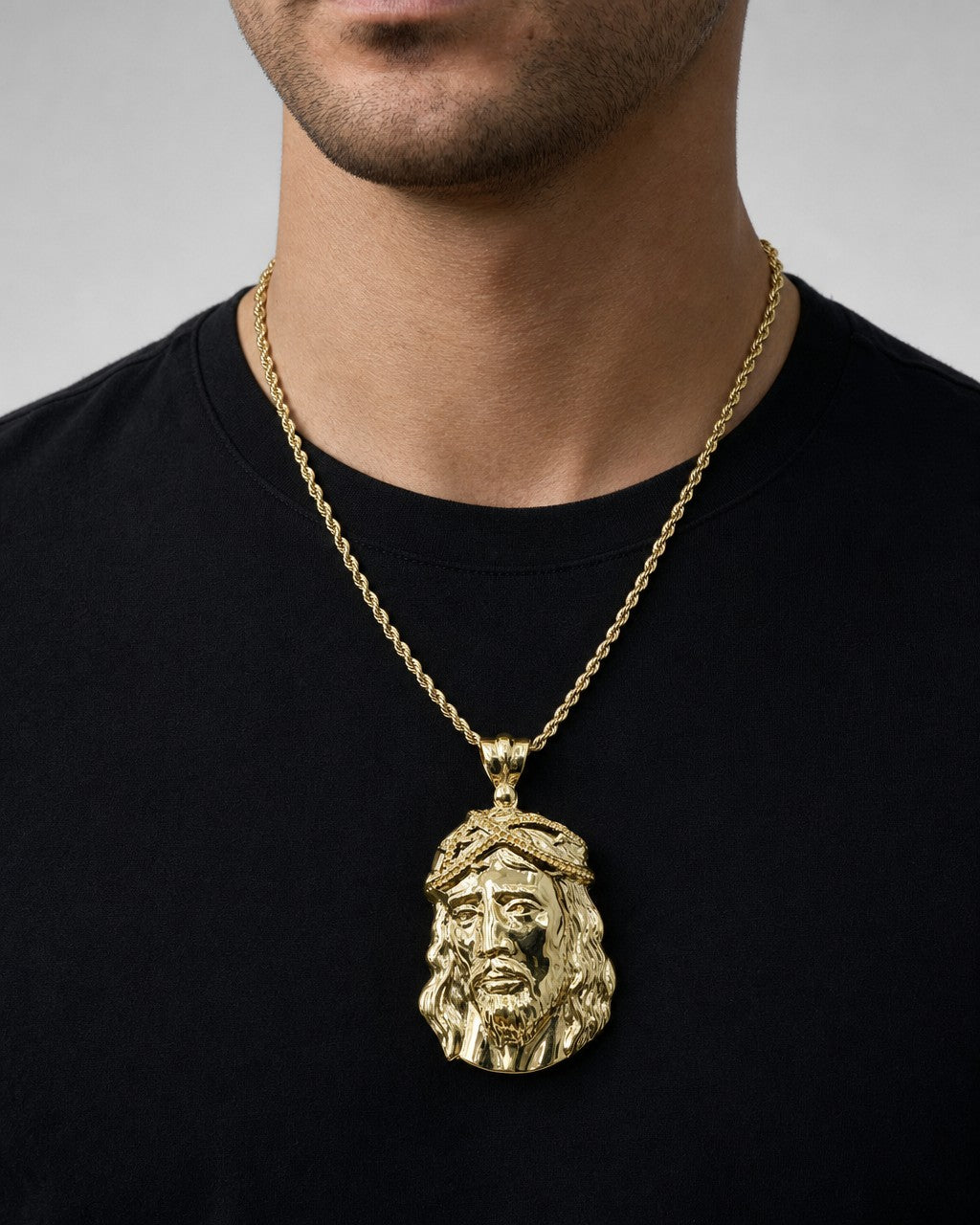 Male model wearing 14K Jesus Head Pendant 2.5"