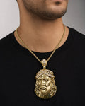 Male model wearing 14K Jesus Head Pendant 2.75"