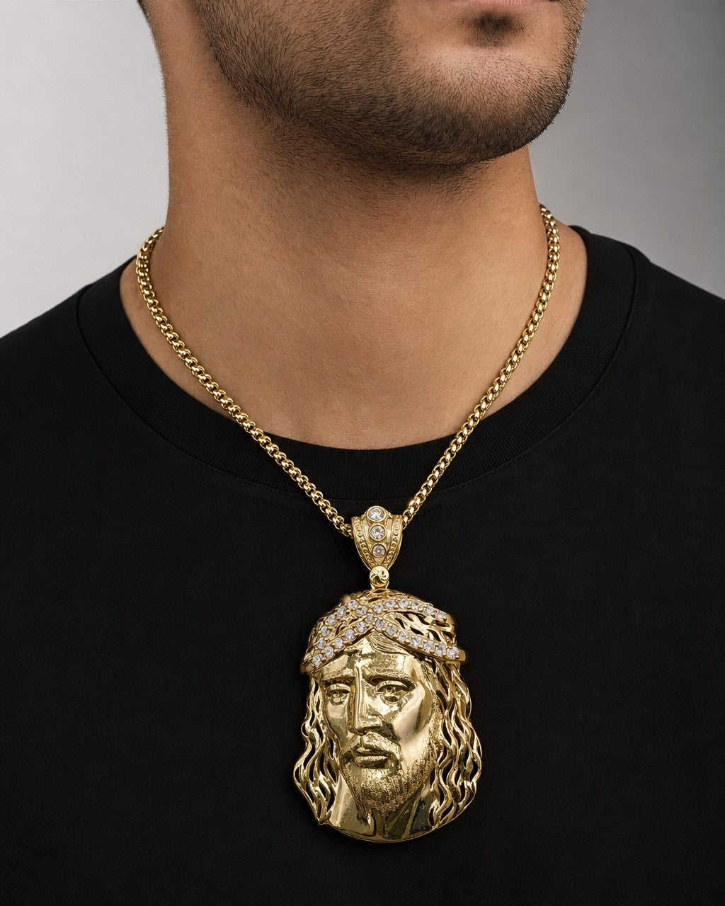 Male model wearing 14K Jesus Head Pendant 2.75"