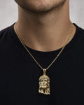 Male model wearing 14K Jesus Head Pendant 1.2"