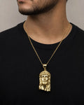 Male model wearing 14K Jesus Head Pendant 1.4"