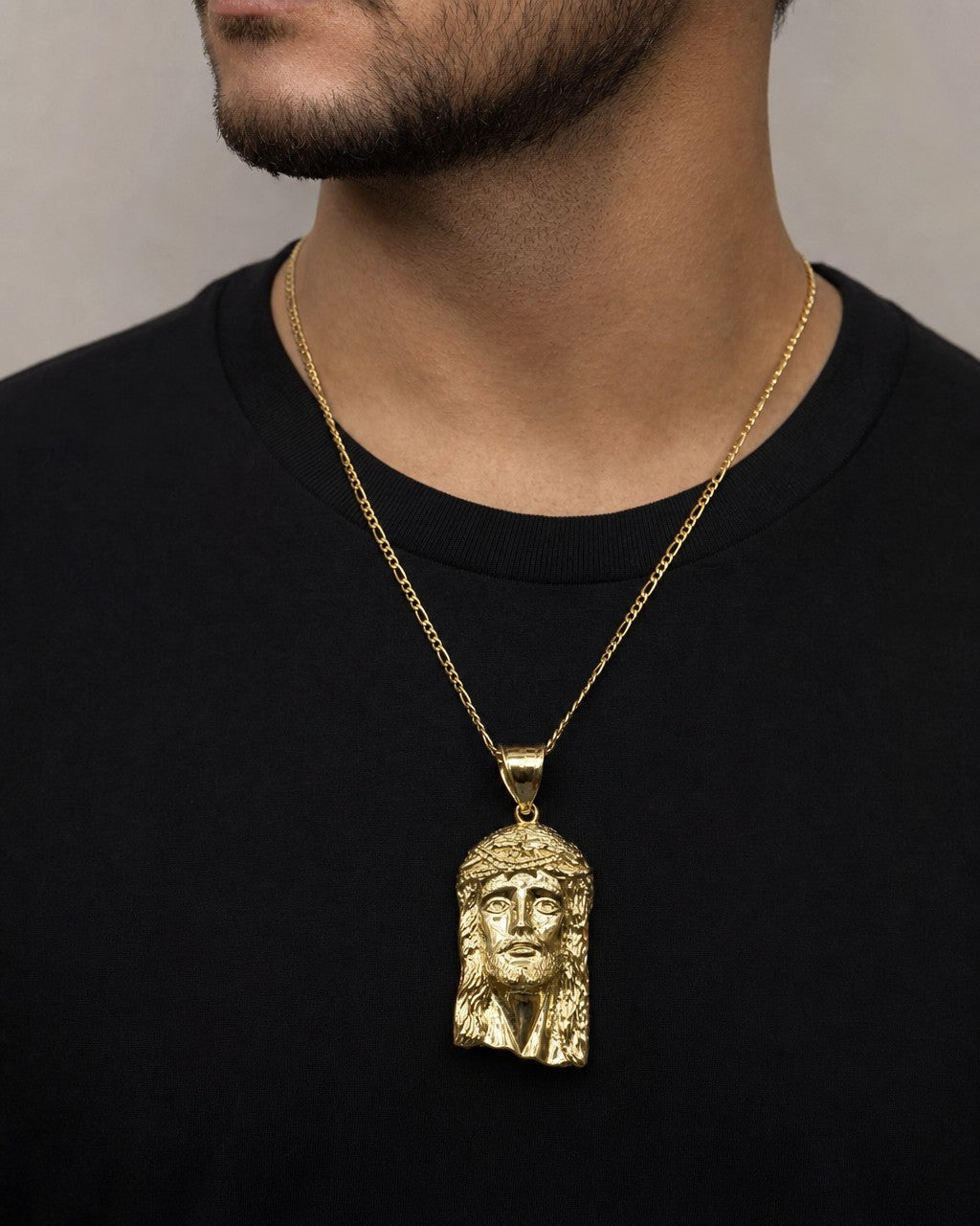 Male model wearing 14K Jesus Head Pendant 1.4"