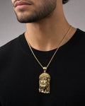 Male model wearing 14K Jesus Head Pendant 2.25"