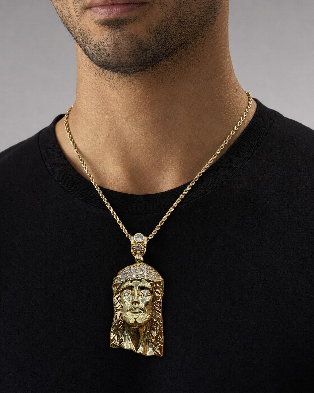 Male model wearing 14K Jesus Head Pendant 2.0"