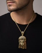 Male model wearing 14K Jesus Head Pendant 2.75"