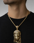 Male model wearing 14K Jesus Head Pendant 3.5"