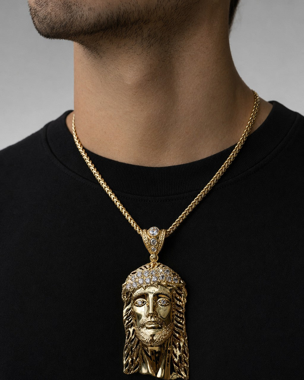 Male model wearing 14K Jesus Head Pendant 3.5"