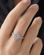 Female model wearing 14K Large Flower Diamond Engagement Ring