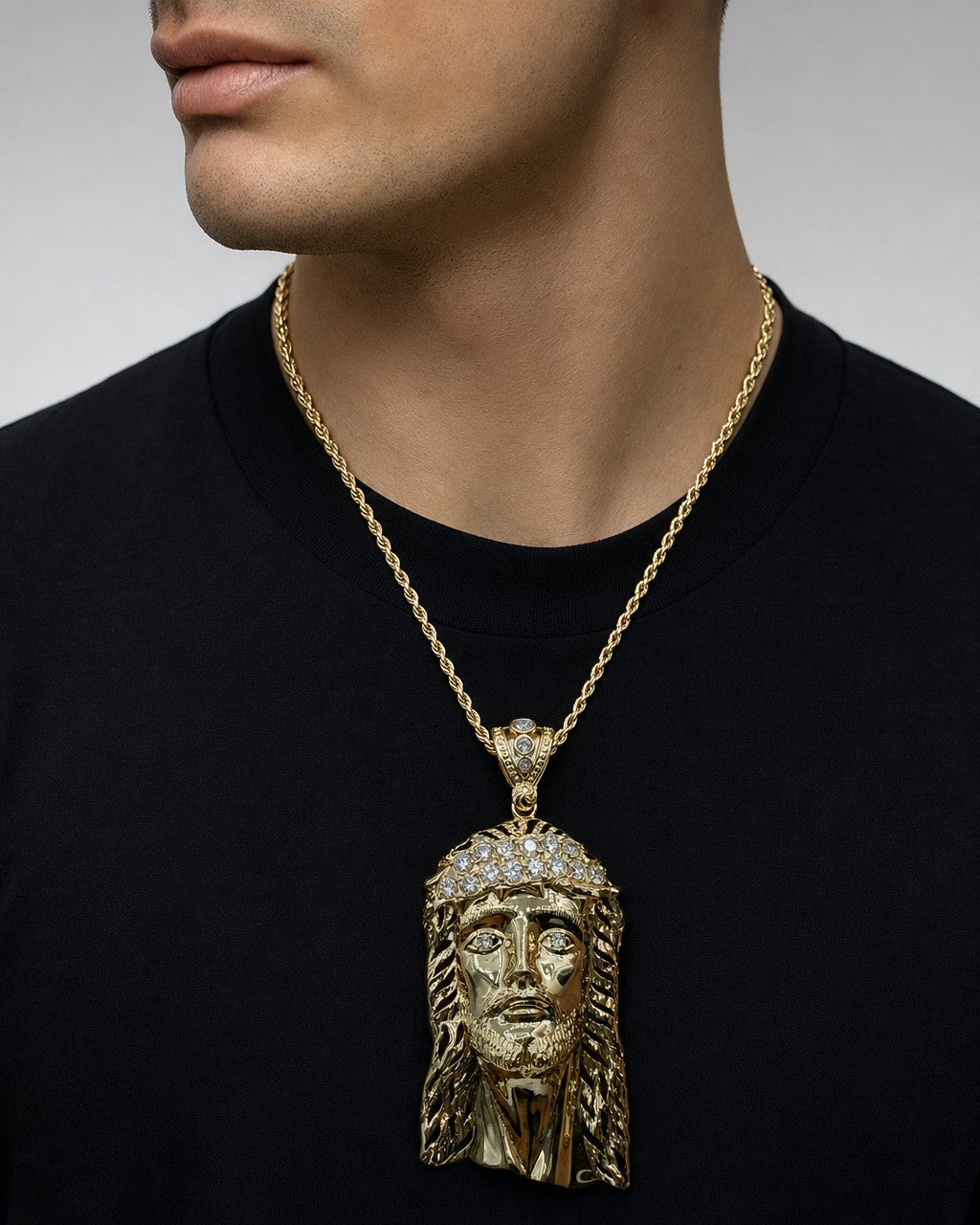 Male model wearing 14K Jesus Head Pendant 4.0"
