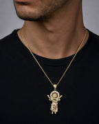 Male model wearing 14K Jesus Save Us Pendant