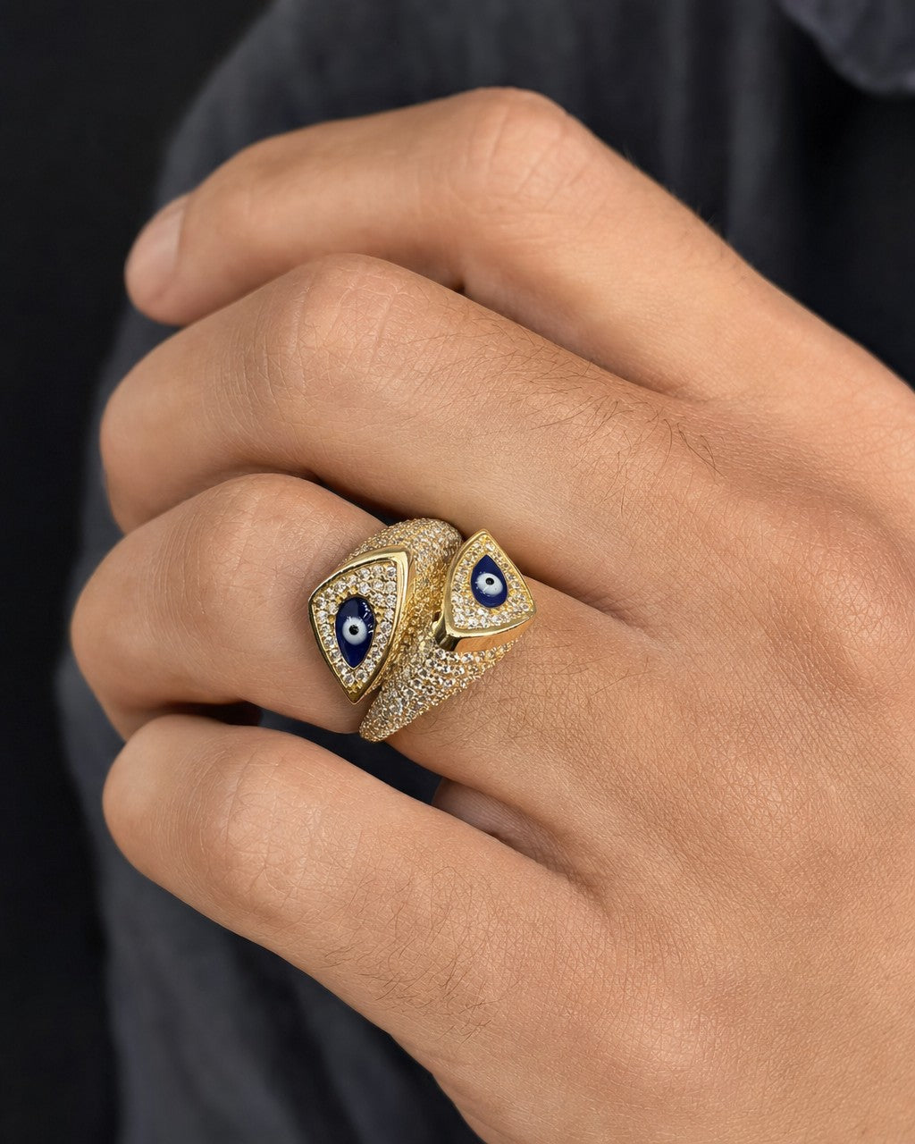Male model wearing 14K Evil Eye Serpent Ring