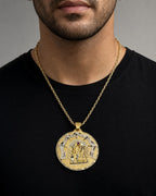 Male model wearing 14K Saint Caridad del Cobre Round Medallion Pendant 1.75"