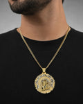 Male model wearing 14K Saint Caridad del Cobre Round Medallion Pendant 1.75"