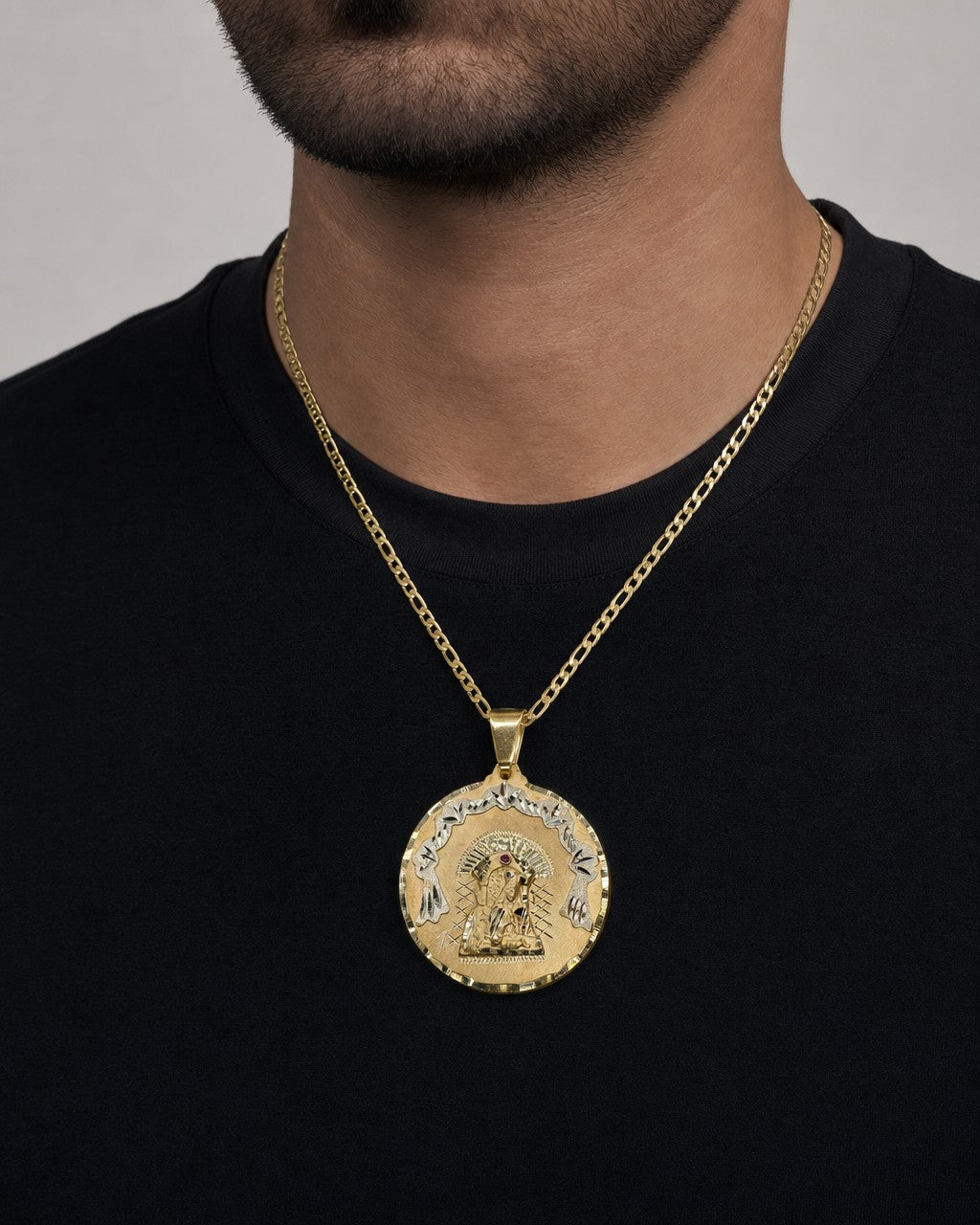 Male model wearing 14K Saint Caridad del Cobre Round Medallion Pendant 2.0"